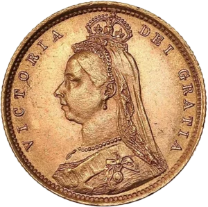 Tête couronnée et voilée de la reine Victoria à gauche.