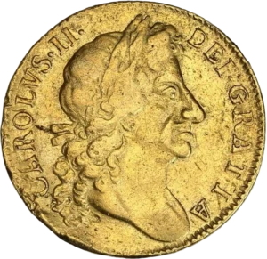 Tête laurée de Charles II à droite.