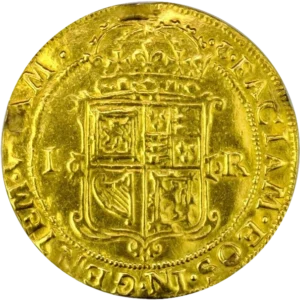 Buste cuirassé et couronné du souverain James Ier à droite, tenant un globe surmonté d'une croix et un sceptre au bout fleurdelisé.