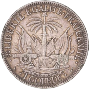 Un palmier surmonté d'un bonnet phrygien et accosté de drapeaux, de canons et d'autres artefacts militaires. en dessous, la devise "l'union fait la force".