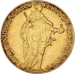 Le roi Ferdinand V en pieds, en armure militaire, couronné et drapé, tenant un sceptre et un globe crucigère.