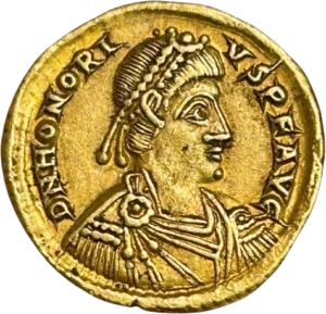Buste diadémé, drapé et cuirassé d’Honorius à droite.