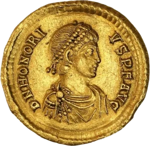 Buste diadémé, drapé et cuirassé d’Honorius à droite.