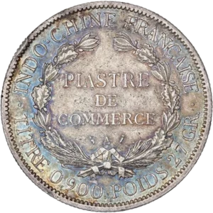 Inscription "piastre de commerce" dans une couronne végétale.