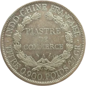Inscription "piastre de commerce" dans une couronne végétale.