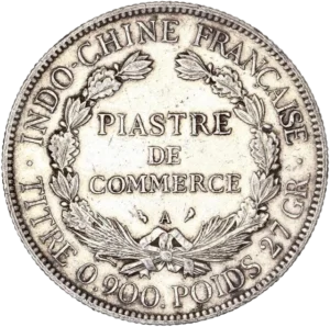 Inscription "piastre de commerce" dans une couronne végétale.