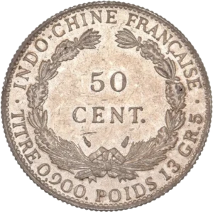 Inscription "piastre de commerce" dans une couronne végétale.