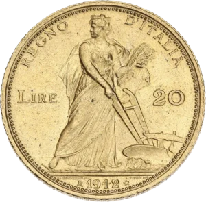 Figure allégorique de l'Italie agricole représentée comme une femme portant une gerbe de blé et tenant un soc de charrue.