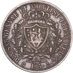 Écu couronné entouré du collier de l'Ordre de l’Annonciade entre deux branches de chêne.