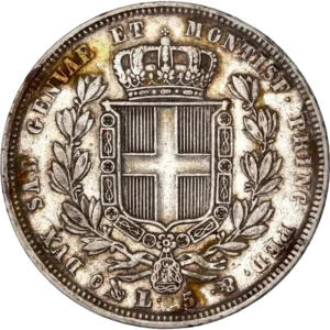 Écu couronné entouré du collier de l'Ordre de l’Annonciade entre deux branches de chêne.