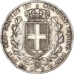 Écu couronné entouré du collier de l'Ordre de l’Annonciade entre deux branches de chêne.