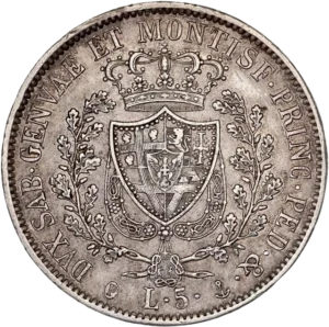 Écu couronné entouré du collier de l'Ordre de l’Annonciade entre deux branches de chêne.