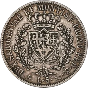 Écu couronné entouré du collier de l'Ordre de l’Annonciade entre deux branches de chêne.