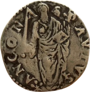 Écu surmonté des clefs de Saint-Pierre et de la tiare pontificale.