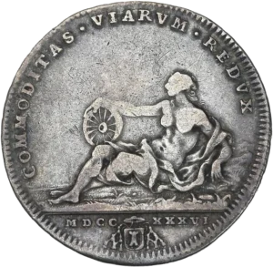 Allégorie couchée à gauche tenant une roue, à l’exergue écu aux armes de Clément XII accosté de la (date).