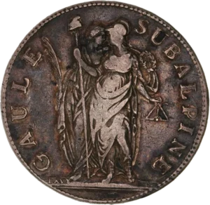 La Gaule Subalpine et la France debout de face, tenant une palme et une couronne, une pique surmontée d'un bonnet phrygien et un niveau