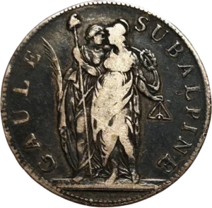 La Gaule Subalpine et la France debout de face, tenant une palme et une couronne, une pique surmontée d'un bonnet phrygien et un niveau