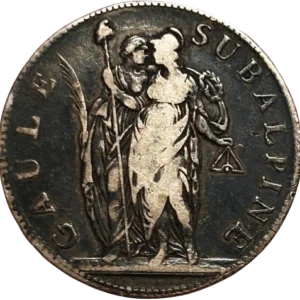 La Gaule Subalpine et la France debout de face, tenant une palme et une couronne, une pique surmontée d'un bonnet phrygien et un niveau