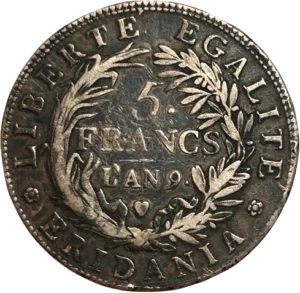 5 francs l'an 9 dans une couronne végétale.