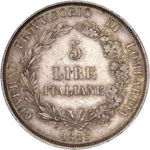 "5 lire italiane" dans une couronne de chêne et de laurier.