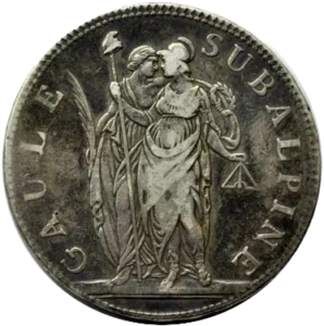 La Gaule Subalpine et la France se soutenant côte à côte en tenant une palme et une couronne, une pique surmontée d'un bonnet phrygien et un niveau.