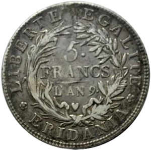 L'inscription 5 francs entourée d'une couronne végétale.