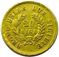 L'inscription 20 LIRE entre une branche de laurier et une branche d’olivier.