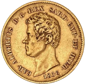 Tête nue de Charles Albert à gauche.