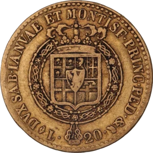 Écu couronné entouré du collier de l'Ordre de l’Annonciade entre deux branches de chêne.