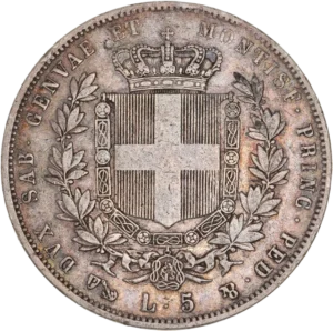 Écu couronné entouré du collier de l'Ordre de l’Annonciade entre deux branches de chêne.