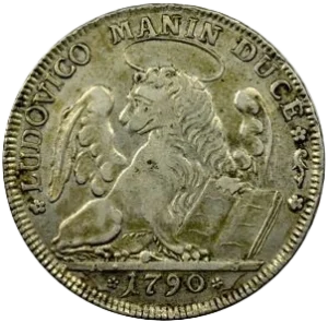 Lion nimbé et ailé à droite, la tête tournée à gauche, sa patte antérieure gauche reposant sur un livre.