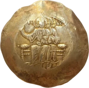 Le Christ avec le nimbe crucigère trônant de face, bénissant de la main droite et tenant les Évangiles.