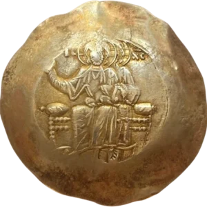 Le Christ avec le nimbe crucigère trônant de face, bénissant de la main droite et tenant les Évangiles.