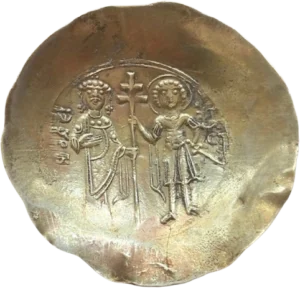 Figures debout de Jean II et Saint-Georges, nimbaté, portant une tunique militaire, un plastron et un sagion, tenant une épée. Entre-eux une croix de procession.