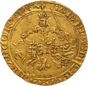 Le Roi Jean II galopant à gauche, et levant une épée.