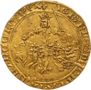 Le Roi Jean II galopant à gauche, et levant une épée.