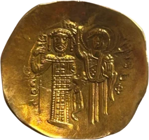 Le Christ trônant de face avec le nimbe crucigère, bénissant de la main droite et tenant les Évangiles.