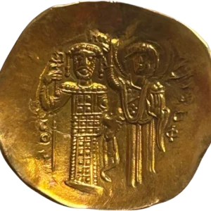 Le Christ trônant de face avec le nimbe crucigère, bénissant de la main droite et tenant les Évangiles.