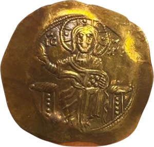 L'empereur debout de face, tenant le labarum et l'anexikakia, couronné par la Vierge Marie.