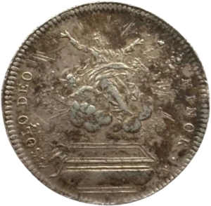 Quatre figures prosternées et agenouillées priant la Vierge qui est dans les nuages aux pieds de son fils.