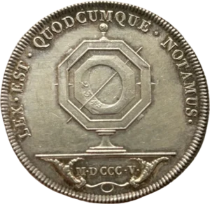 Armes royales couronnées sur un lion couché qui supporte l'ordre du Saint Esprit, entourées des colliers des Ordres et enveloppées du manteau royal.