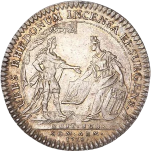 La ville de Rennes présentant le nouveau plan de la ville au Roi, après le grand incendie de 1720.