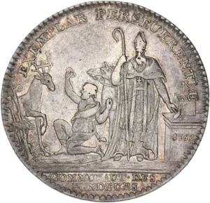 Saint Eustache à genoux à gauche devant le cerf. Derrière lui, Saint Eloi debout de face, tenant un marteau de la main gauche posée sur une base qui supporte une châsse ou une église.