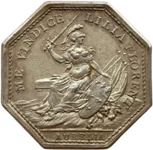 Jeanne d'Arc assise de face, tenant de la main droite son épée, la gauche appuyée sur l'écu d'Orléans qui écrase le lion anglais, la harpe irlandaise et des drapeaux de régiments.