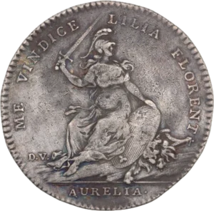 Allégorie de la ville d'Orléans casquée, assise sur un bouclier et brandissant une épée.