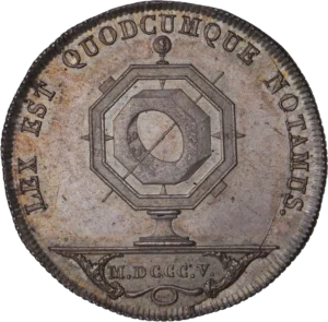 Armes royales couronnées sous un dais. En dessous, un lion allongé à gauche.