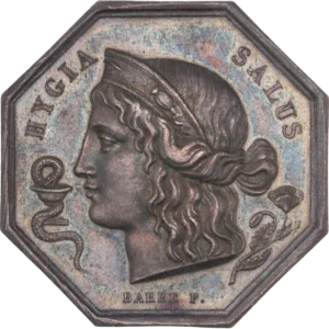 Tête d'Hygie à gauche, devant elle un serpent dans une vasque et une fleur de pavot dans son dos.