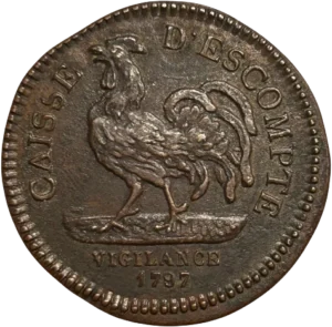 Une femme à gauche présente une lampe sur un bureau orné dun caducée, avec un coq.