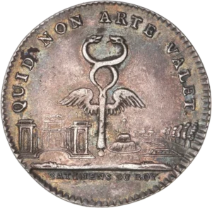 Caducée ailé au dessus d'une vue de Versailles.