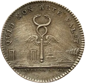 Caducée ailé au dessus d'une vue de Versailles.